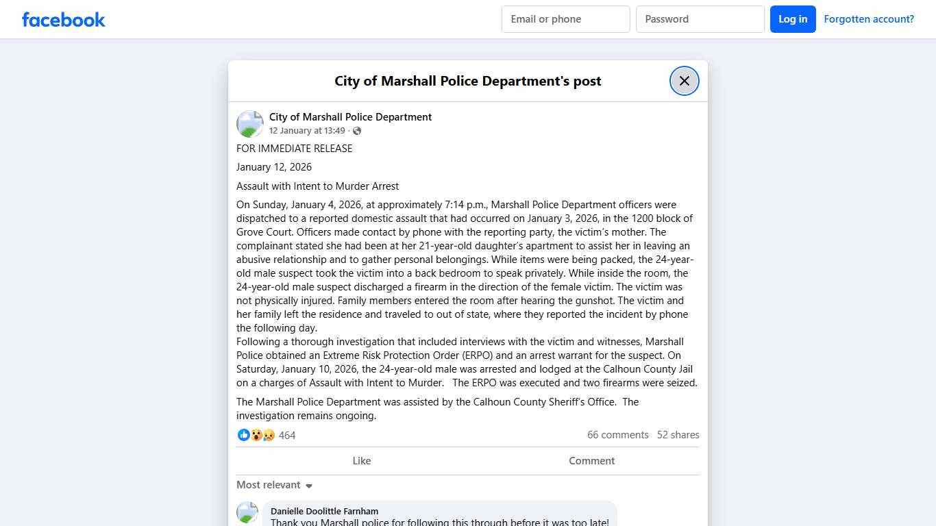 FOR IMMEDIATE RELEASE... - City of Marshall Police Department Facebook